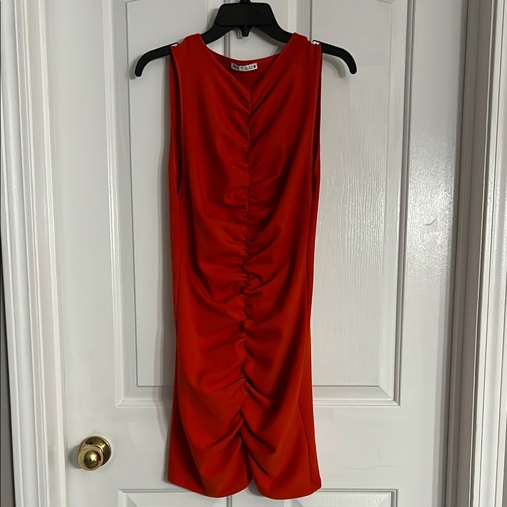 Zara Red Asymmetrical Ruched Halter Mini Dress